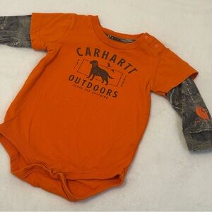 Carhartt Orange and Camo Layered Baby Bodysuit Onesie with Hunting Dog Graphic